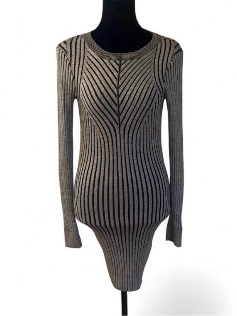 Express Gray Knit Striped Ribbed Long Sleeve Fitted Sweater Dress
